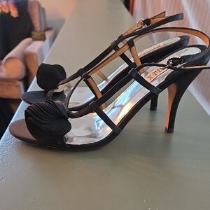Mischka Badgley Black Strappy Heels with Floral Accent